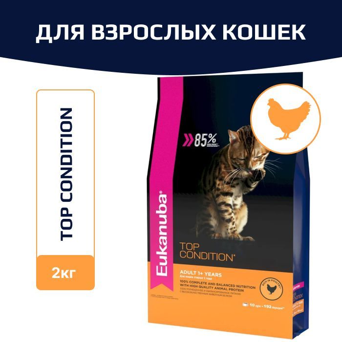 Корм сухой Eukanuba Adult Top Condition Chicken для взрослых кошек для поддержания здоровья с домашней птицей, 2 кг.