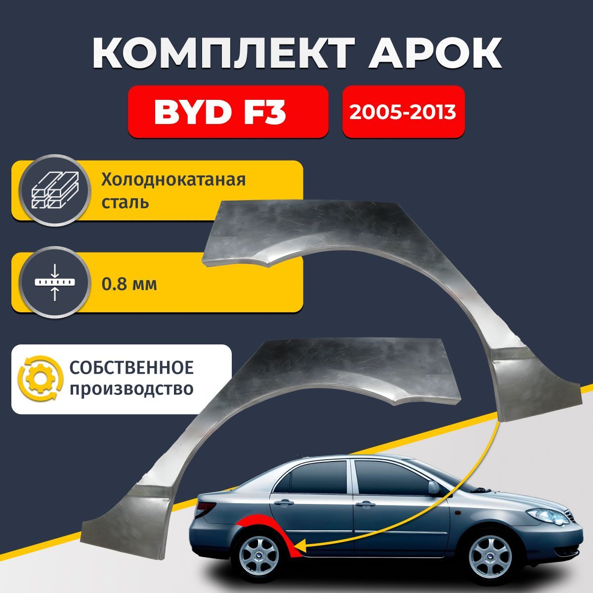 Комплект задних ремонтных арок для автомобиля (2 шт.), BYD F3 2005-2013 седан 4 двери (Бид Ф3). Холоднокатаная сталь 0,8мм.