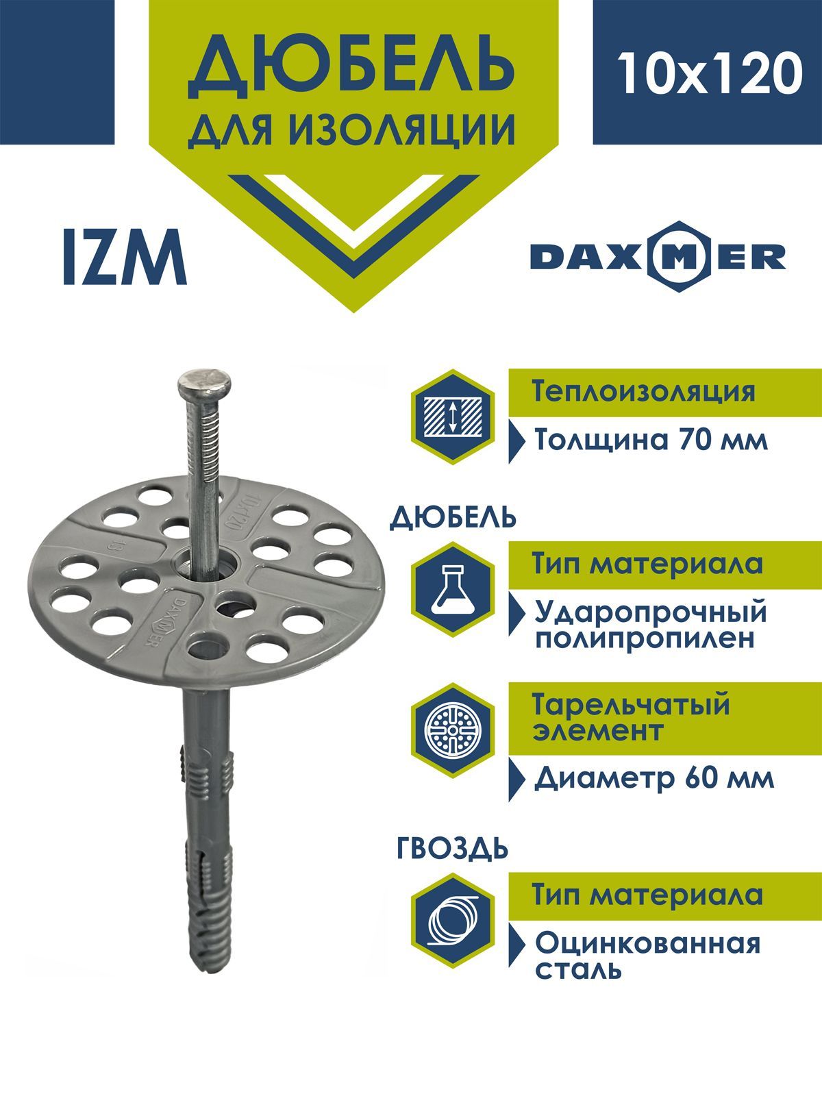 Дюбель для изоляции Daxmer IZM 10х120 (50шт) с металлическим гвоздем