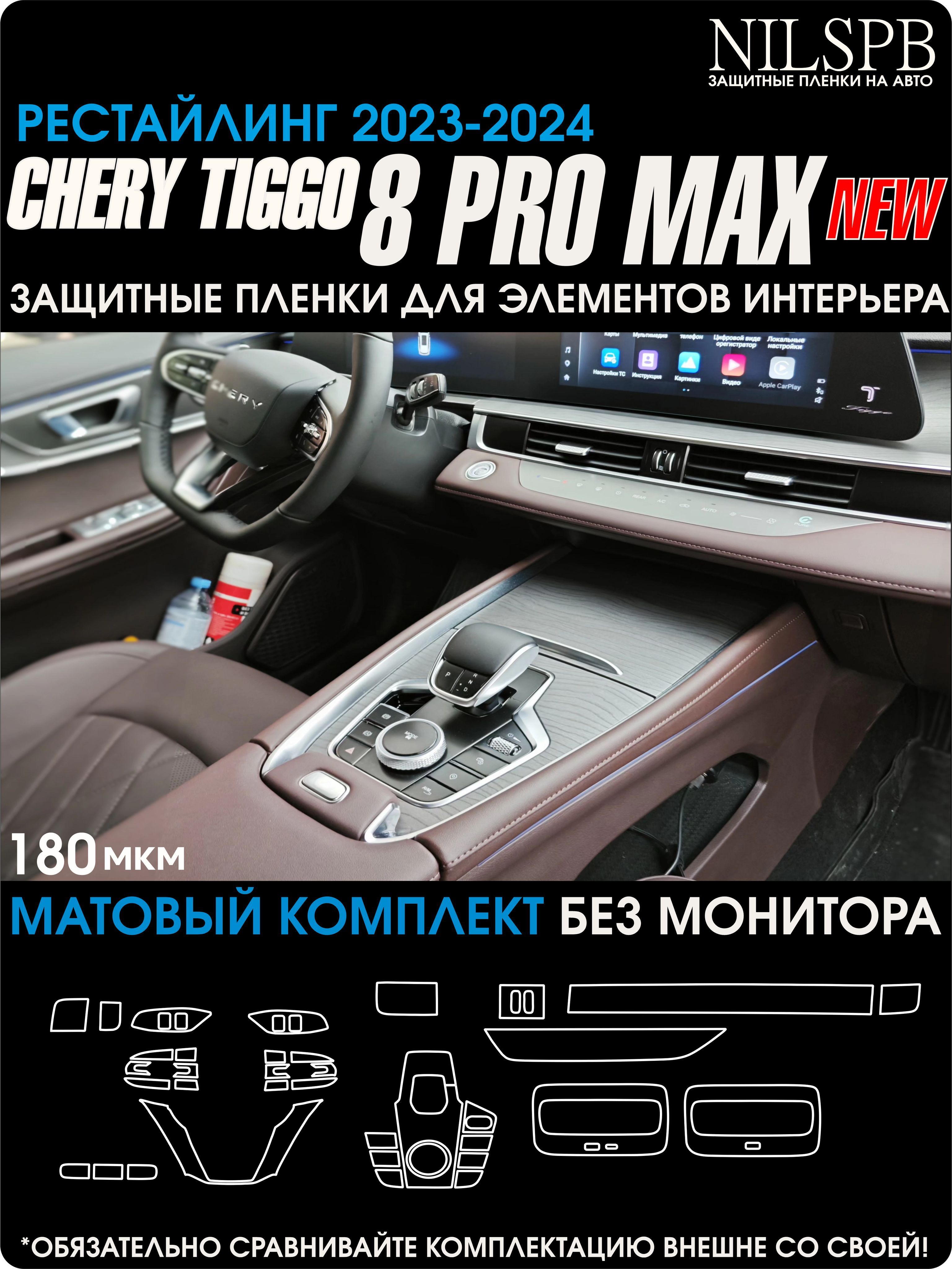 Chery Tiggo 8 Pro Max Рестайлинг Защитные матовые пленки на элементы интерьера Чери Тигго 8 про макс / NILSPB комплект без монитора