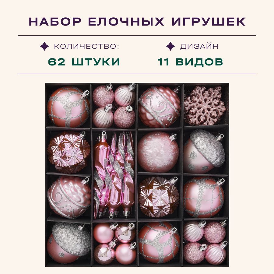 новогодниеигрушкинаелкунабор2024,62предмета:шары,снежинки,сосульки,цветрозовый