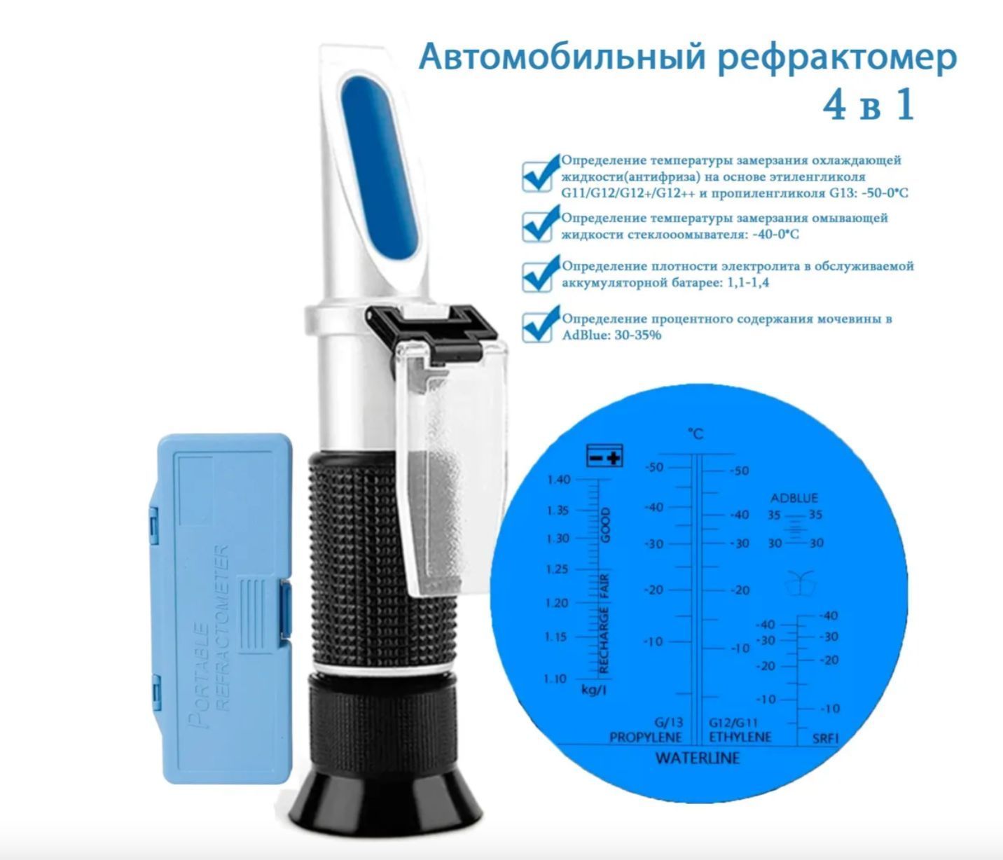 Автомобильный рефрактометр 4 в 1 для антифриза, охлаждающей жидкости, электролита и мочевины