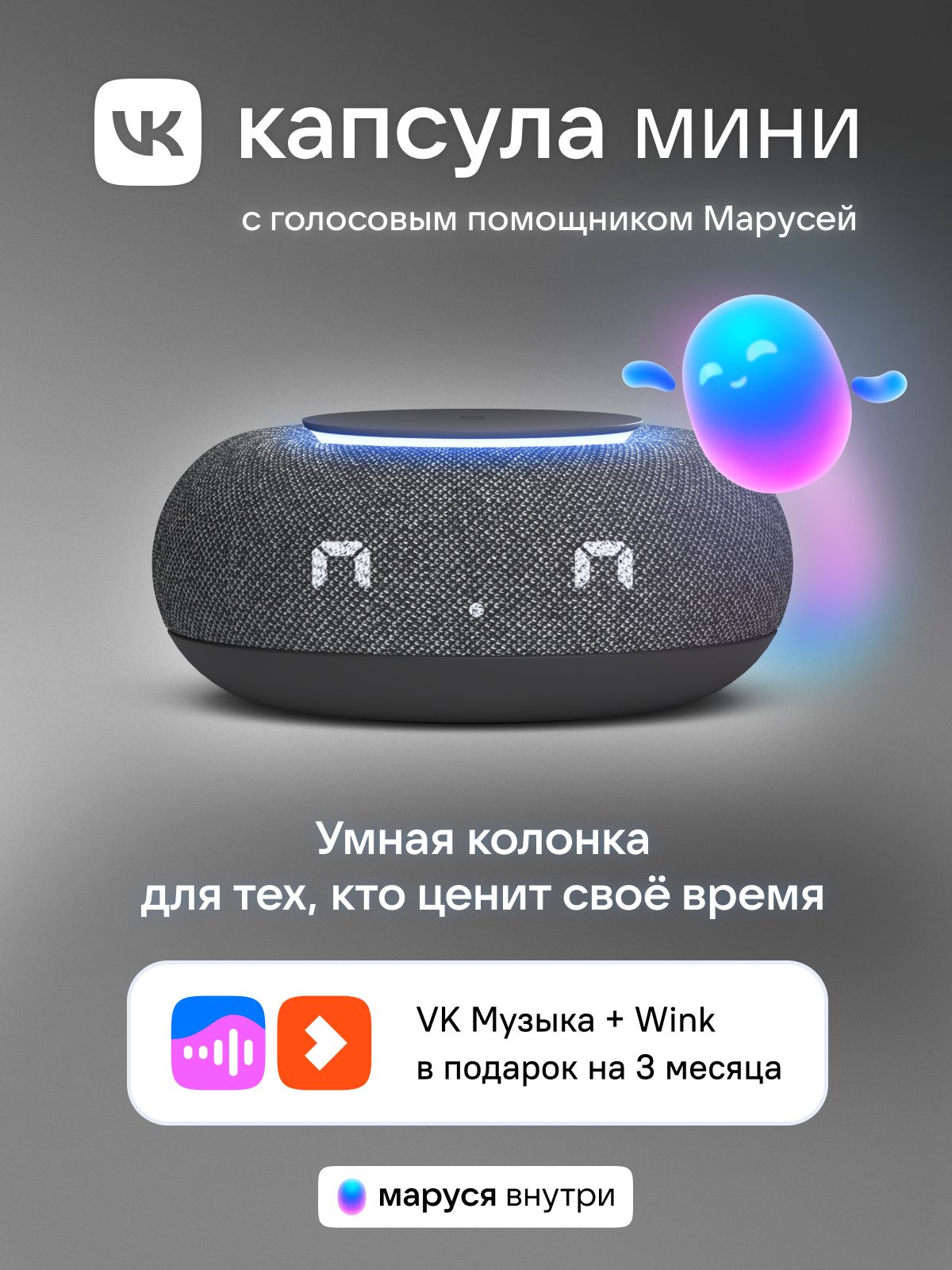 УмнаяколонкаVKКапсулаМинисголосовымпомощникомМарусей,MRC02,Тёмносерая,3месяцаподпискиVK+Winkвподарок