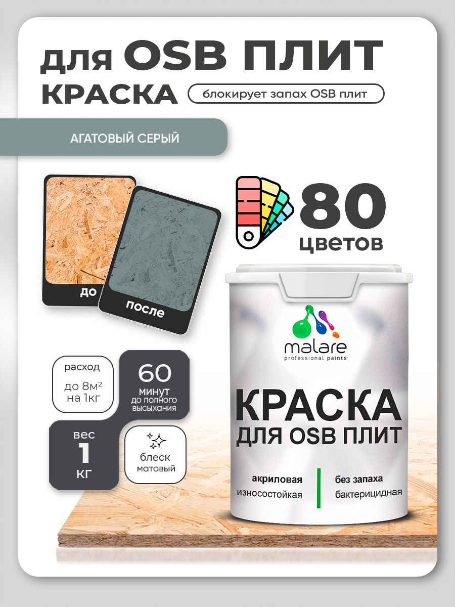 Акриловая краска для ОСБ плит Malare для дерева для наружных и внутренних работ, быстросохнущая без запаха матовая, агатовый серый, 1 кг