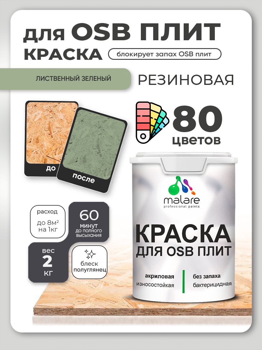 Резиновая краска для ОСБ плит Malare акриловая краска для дерева для наружных и внутренних работ, быстросохнущая без запаха полуглянцевая, лиственный зеленый, 2 кг