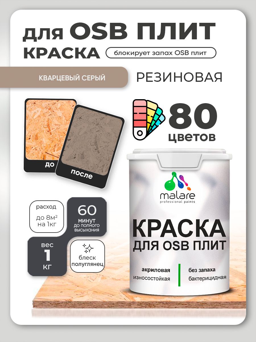 Резиновая краска для ОСБ плит Malare акриловая краска для дерева для наружных и внутренних работ, быстросохнущая без запаха полуглянцевая, кварцевый серый, 1 кг