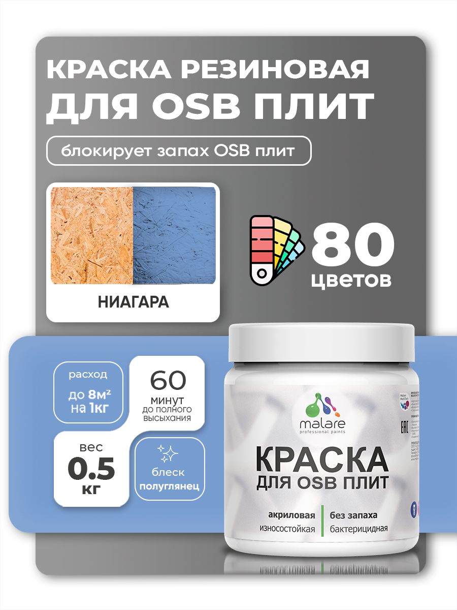 Резиновая краска для ОСБ плит Malare акриловая краска для дерева для наружных и внутренних работ, быстросохнущая без запаха полуглянцевая, ниагара, 0.5 кг