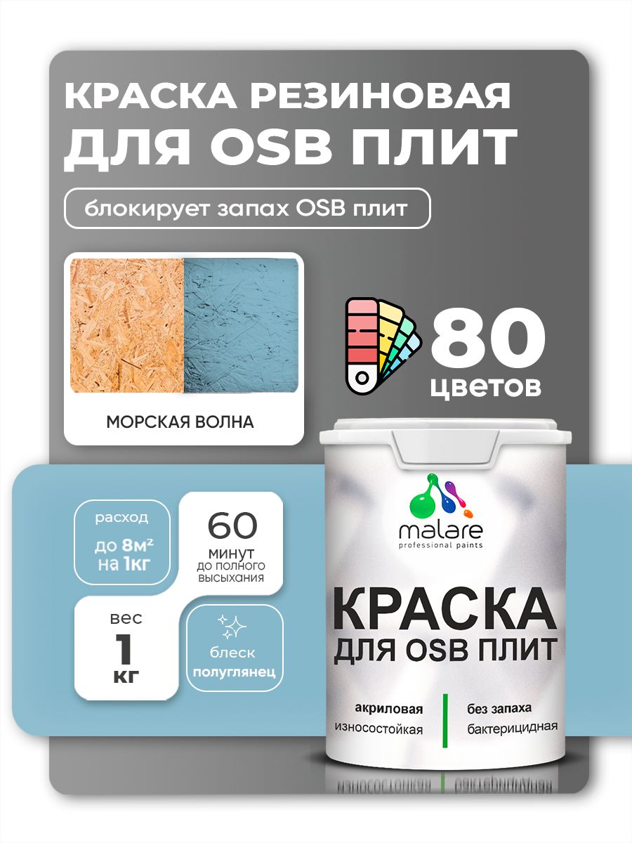 Резиновая краска для ОСБ плит Malare акриловая краска для дерева для наружных и внутренних работ, быстросохнущая без запаха полуглянцевая, морская волна, 1 кг