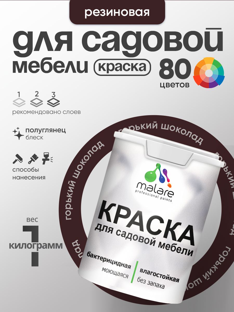 Резиновая краска Malare для садовой мебели/ по дереву, для наружных и внутренних работ/ быстросохнущая моющаяся без запаха полуглянцевая, горький шоколад, 1 кг