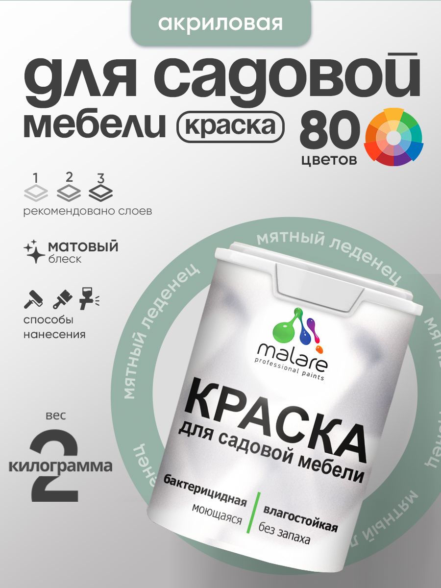 Акриловая краска Malare для садовой мебели/ по дереву, для наружных и внутренних работ/ быстросохнущая моющаяся без запаха матовая, мятный леденец, 2 кг