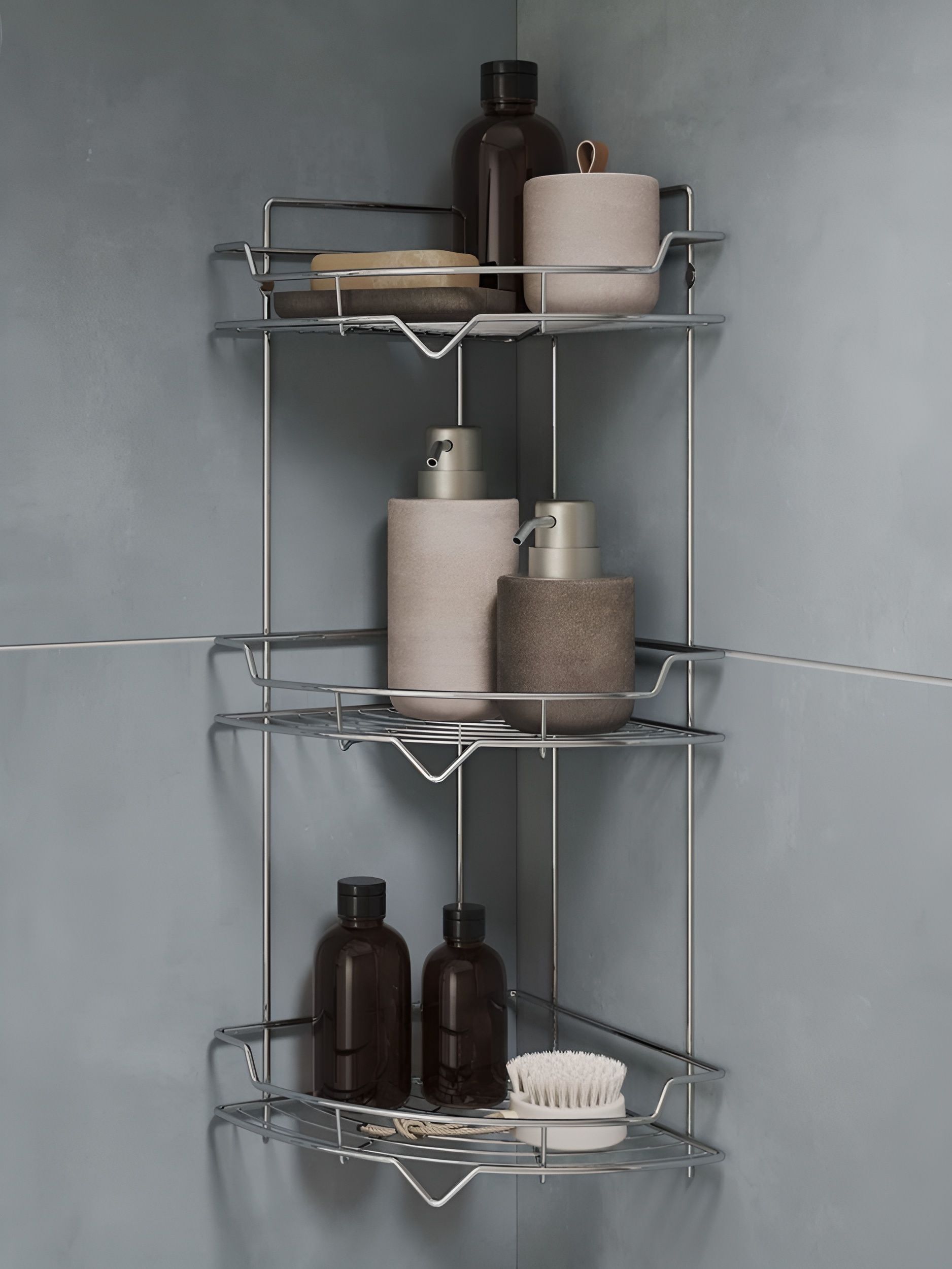 Фото товара на маркетплейсе ozon Полка для ванной настенная, трёхъярусная, угловая, стальная, хром, Milardo, Grid, GRICC3CM44