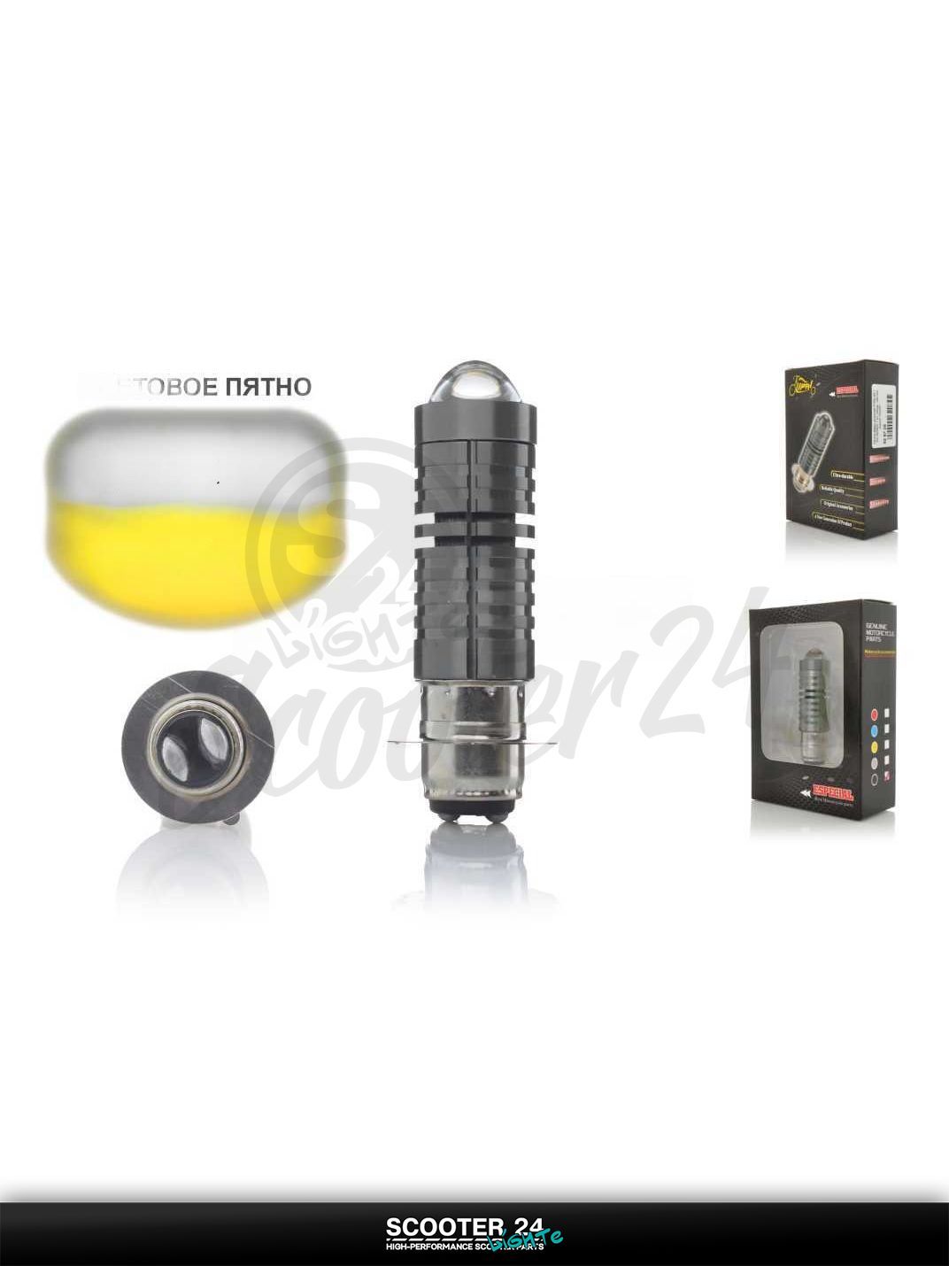 Лампа фары диодная P15D-25-1 12V 35/35W 1 ус, линза, черный корпус "LIPAI" универсальная на мотоцикл мопед и скутер / эндуро / питбайк