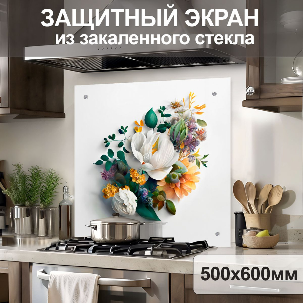 Защитный экран от брызг на плиту 600х500х4мм. Стеновая панель для кухни из закаленного стекла. Фартук #1