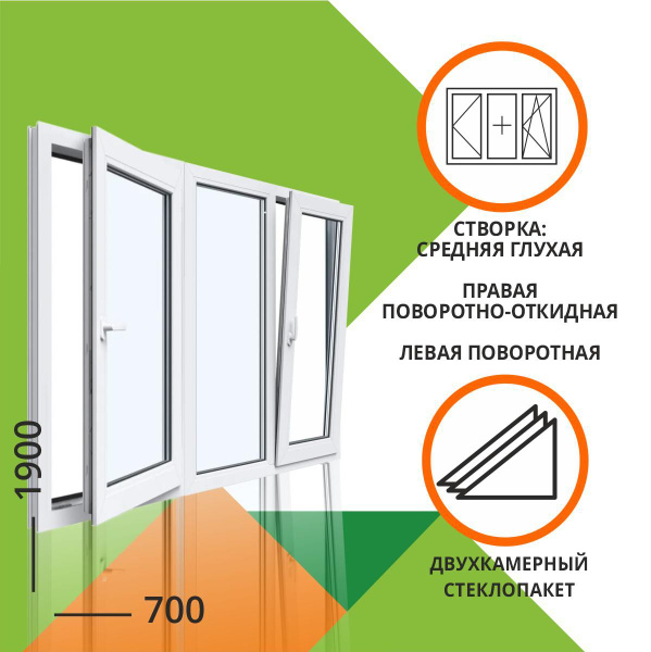 Окно ПВХ 1900x700 мм 2 камеры трехстворчатое: средняя створка глухая ...