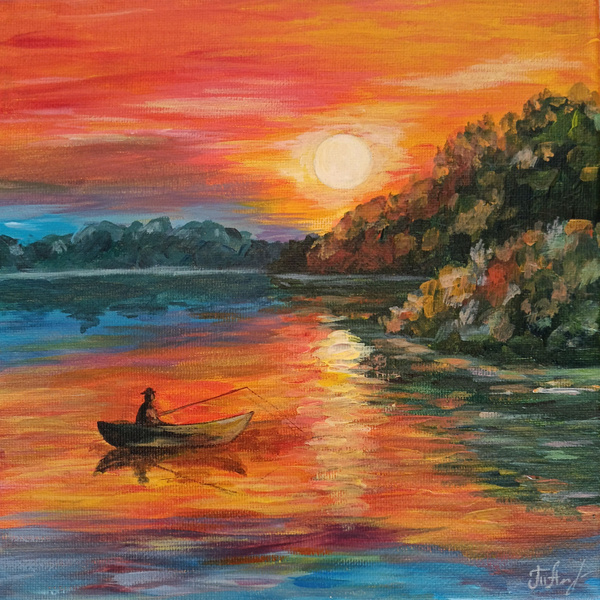 Картина маслом на холсте "Рыбак", 20*20 см, ручная работа, Художник ...