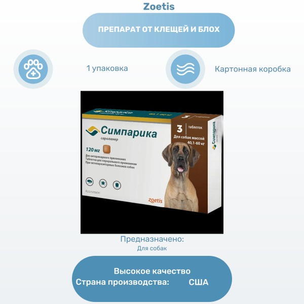 Препарат от клещей и блох Zoetis Симпарика, жевательные таблетки от ...