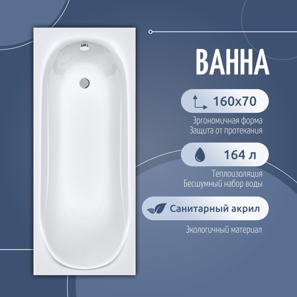 Ванна акриловая Классик 160х70 пристенная, с каркасом и лицевым экраном ...