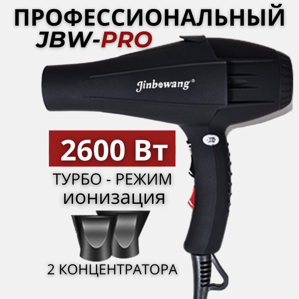 Фен для волос профессиональный с ионизацией, 2600 Вт, 2 насадки, черный ...