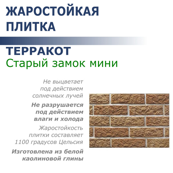 Жаростойкая плитка Терракот Старый замок Мини классик прямая 240х70мм ...