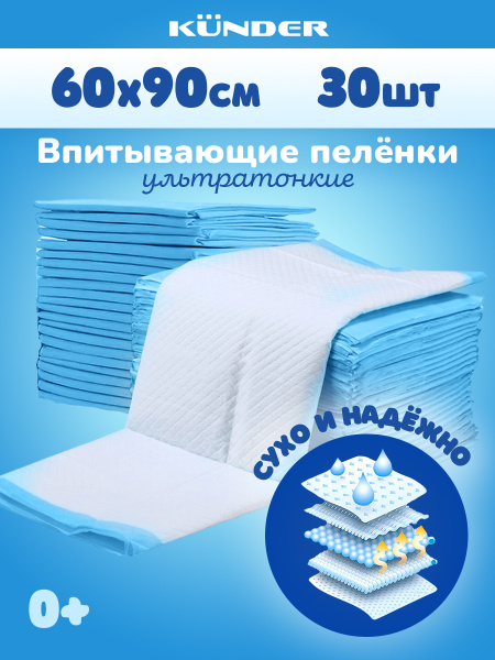 Пеленки одноразовые KUNDER для новорожденных гелевые 60 х 90 30 шт ...
