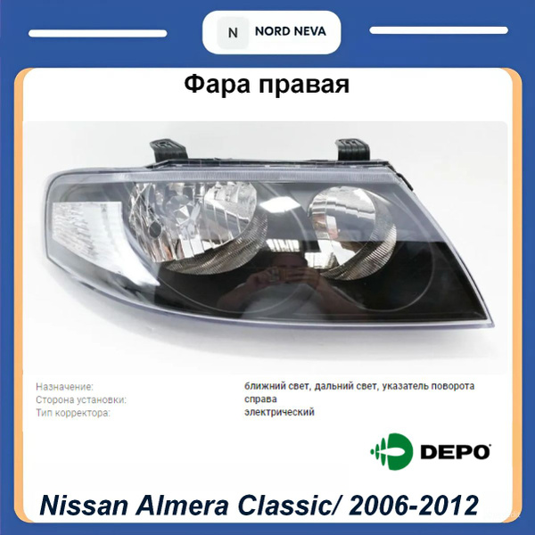 Фара Nissan Almera Classic 06-12 (Справа/ Галоген/ под электрокорректор/ Чёрная)