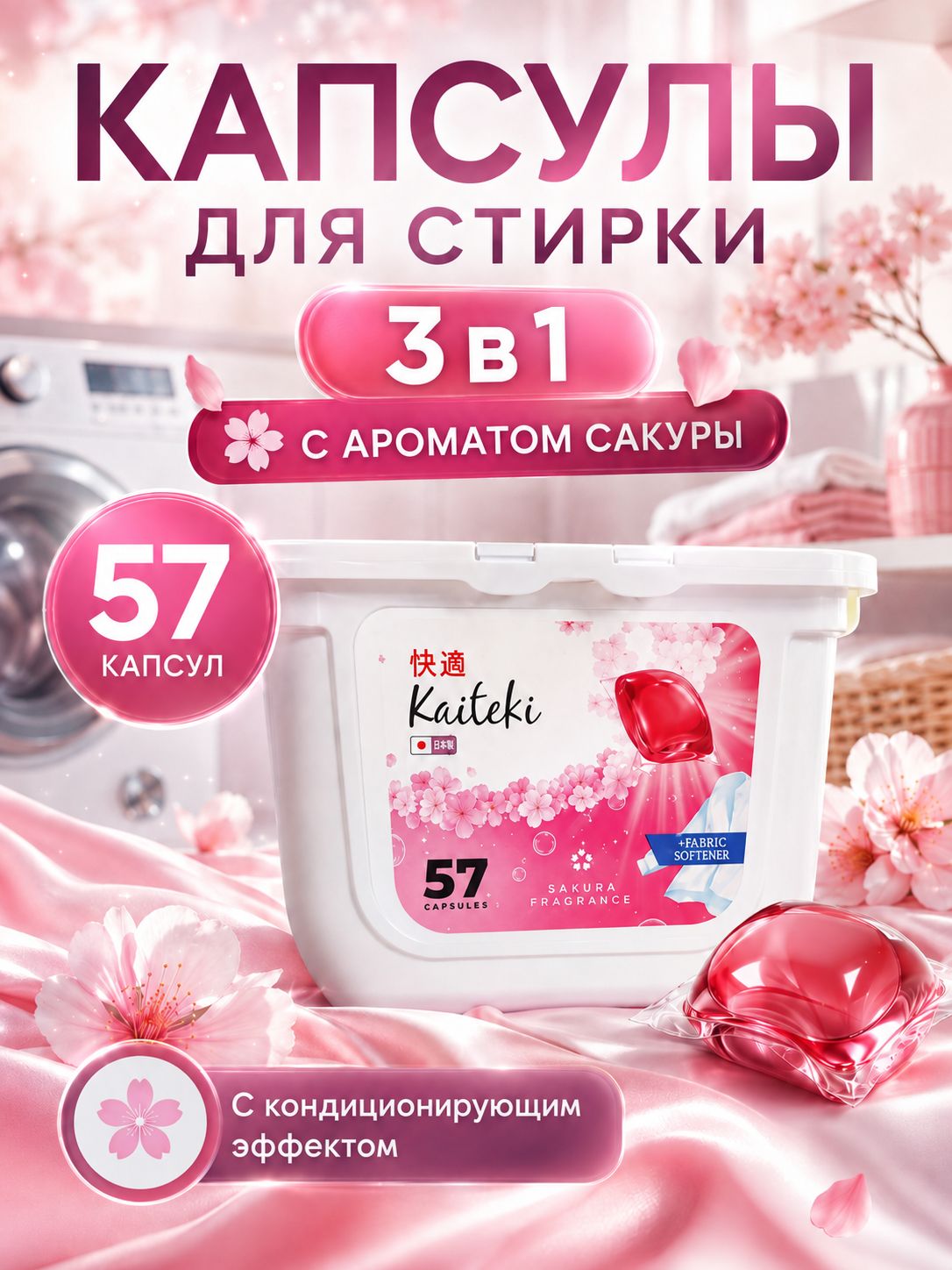 Капсулы для стирки 3в1 Kaiteki Сакура с кондиционером, 57 шт
