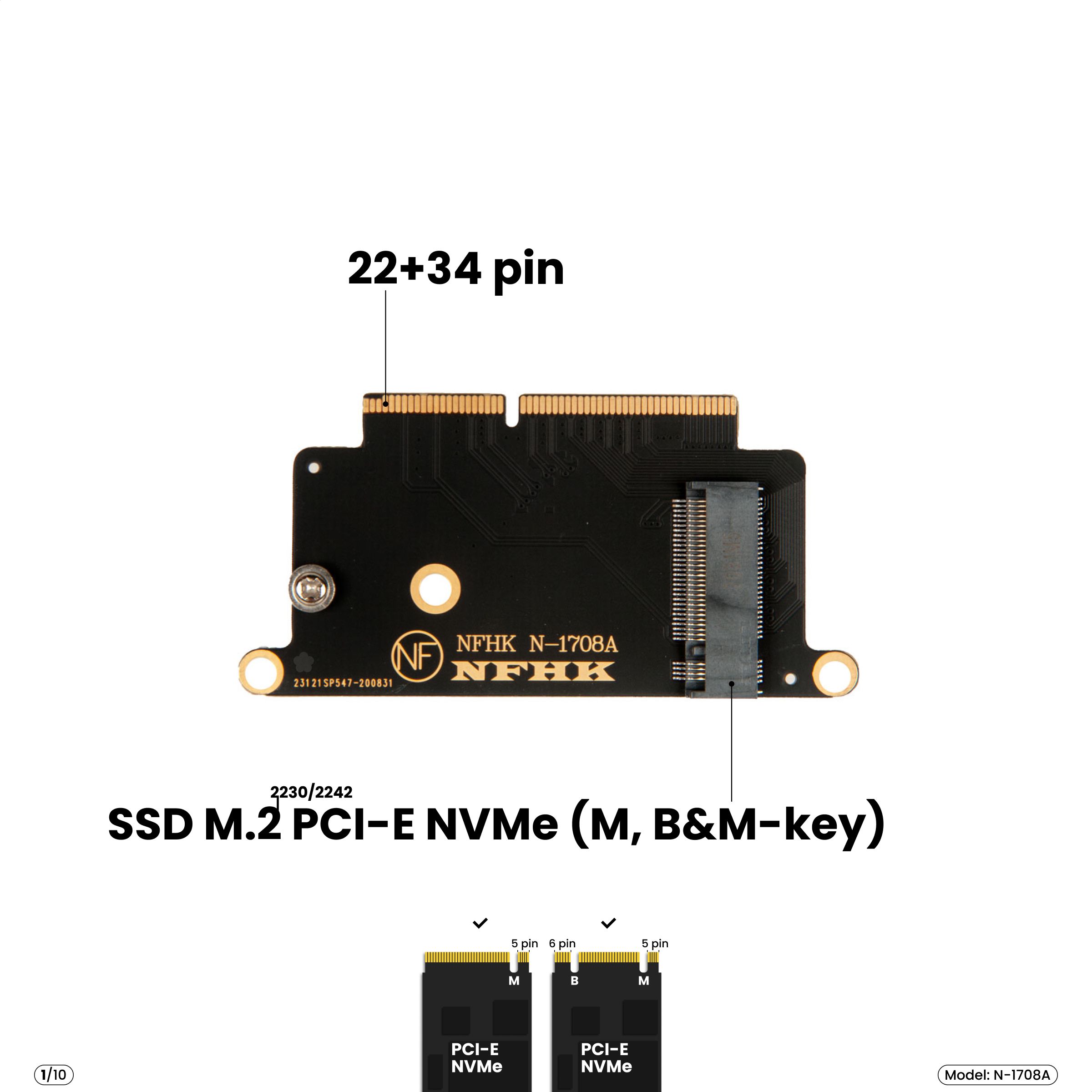 Адаптер-переходник для установки SSD M.2 2230/2242 PCI-E NVMe (M, B&M-key) в разъем 22+34 pin MacBook Pro 13" A1708, 2016-2017, N-1708A