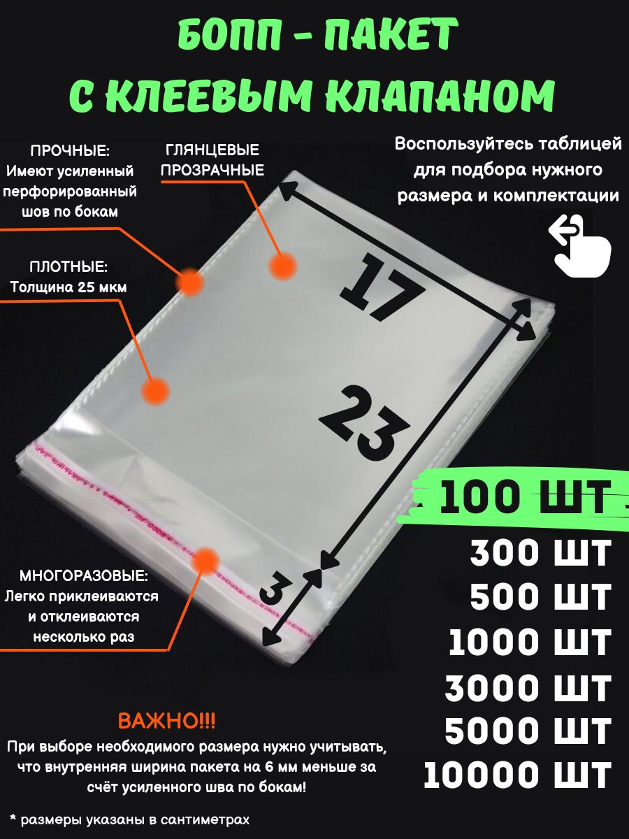 Фасовочныеупаковочныепакетысклеевымклапаном,бопппакетысклеевымкраем,клейкойлентой17х23/3_100штпрозрачные