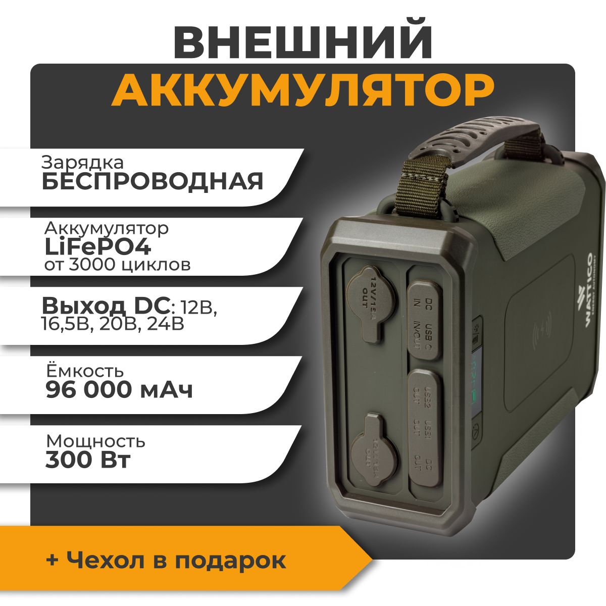 Повербанк с быстрой зарядкой 96000 mAh WATTICO Huntsman 307 Вт*ч, солнечная  батарея, внешний аккумулятор с USB Type-C DC, портативная мини ...