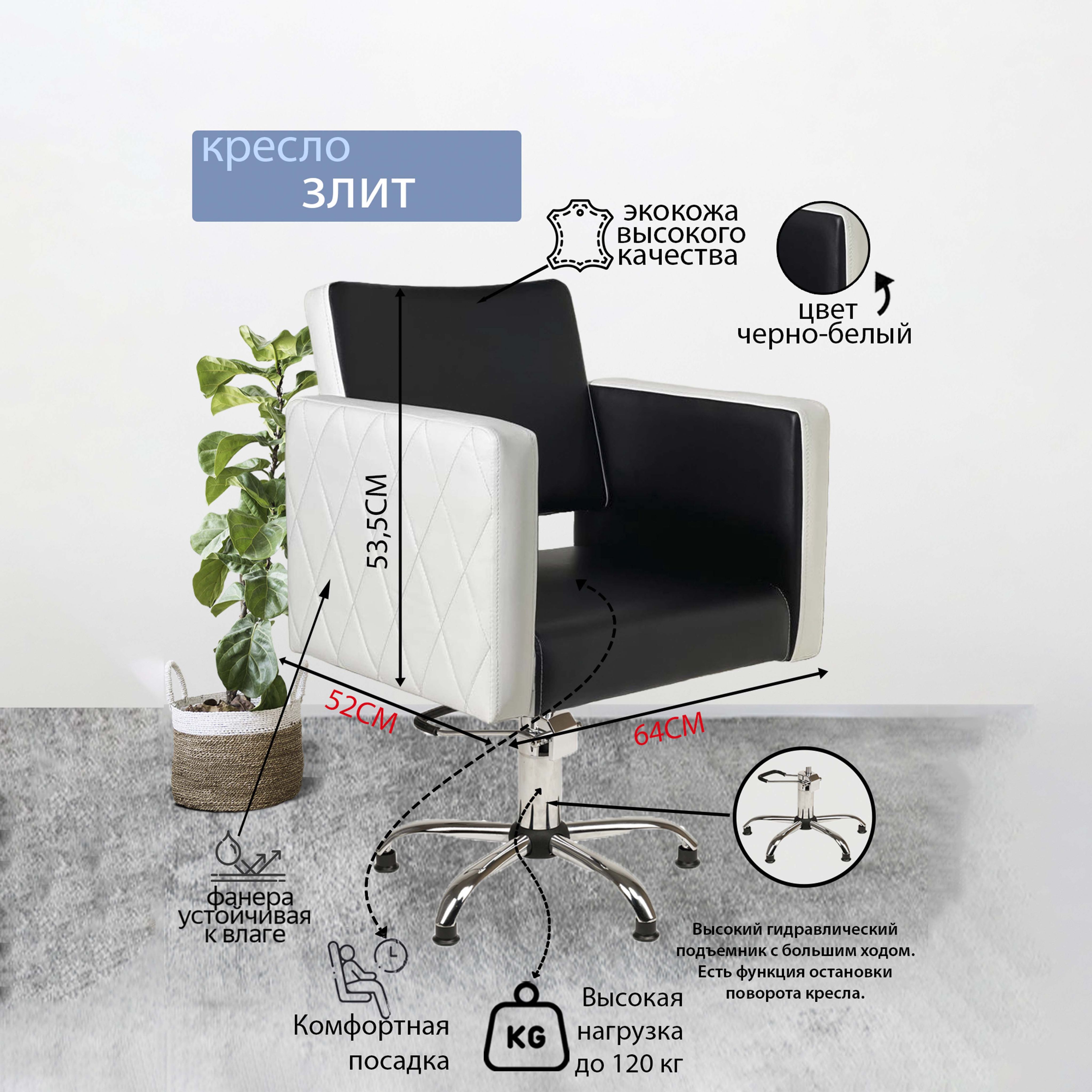 Парикмахерское кресло "Элит", Черный, Белый, Гидравлика пятилучье