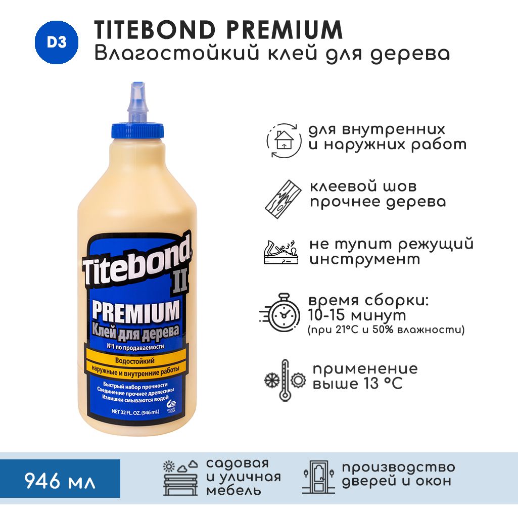 Клей для дерева Titebond II Premium столярный влагостойкий ПВА 946 мл