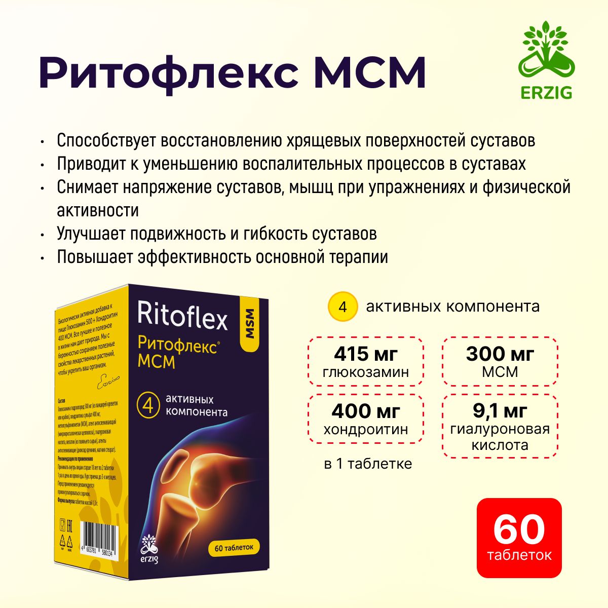 Препарат для суставов и связок Ритофлекс Глюкозамин 500 + ходроитин 400 МСМ  и гиалуроновая кислота - купить с доставкой по выгодным ценам в  интернет-магазине OZON (1235303277)