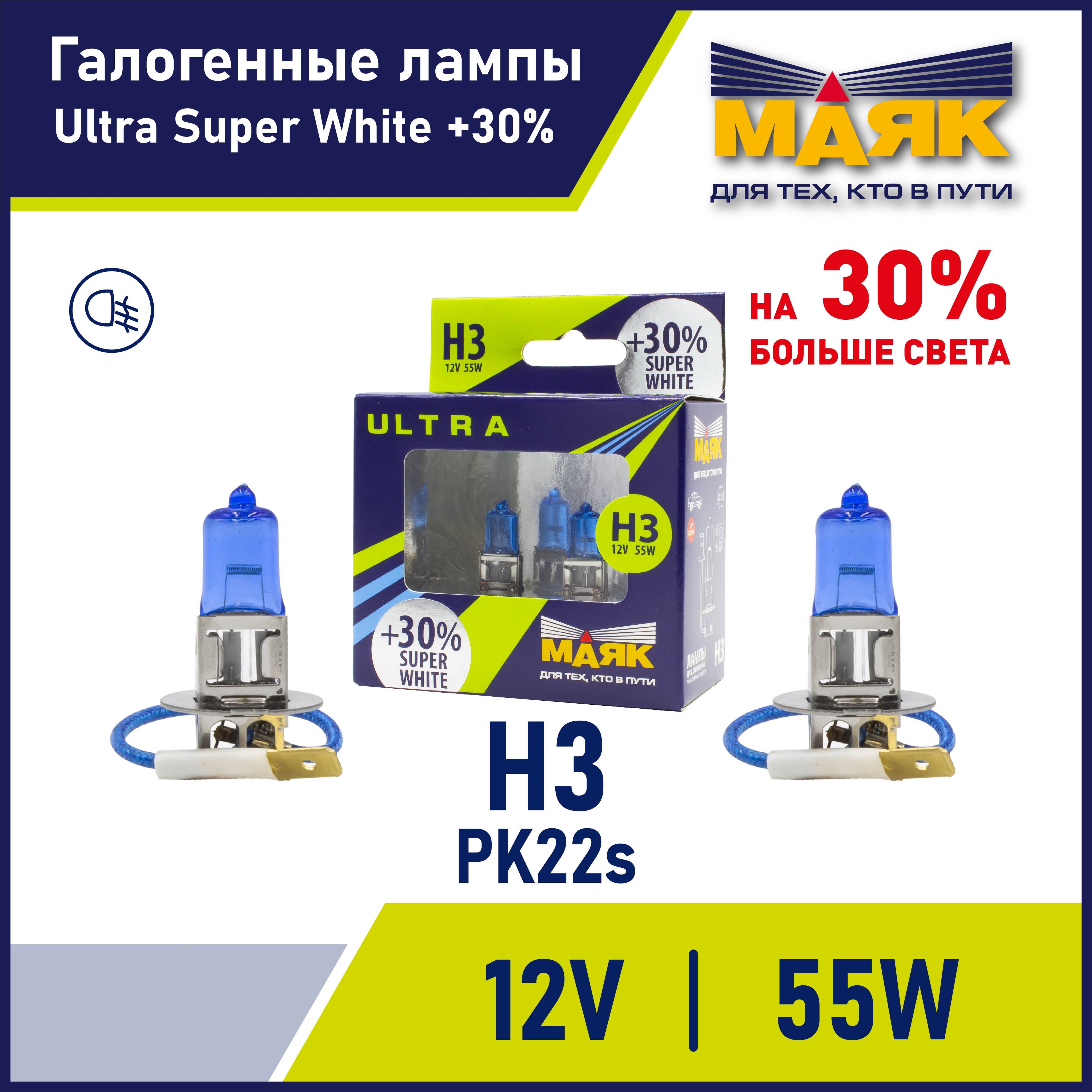 Лампа H3 автомобильная галогенная 12V 55W PK22s Super White +30% "Маяк" ULTRA, 2 шт.