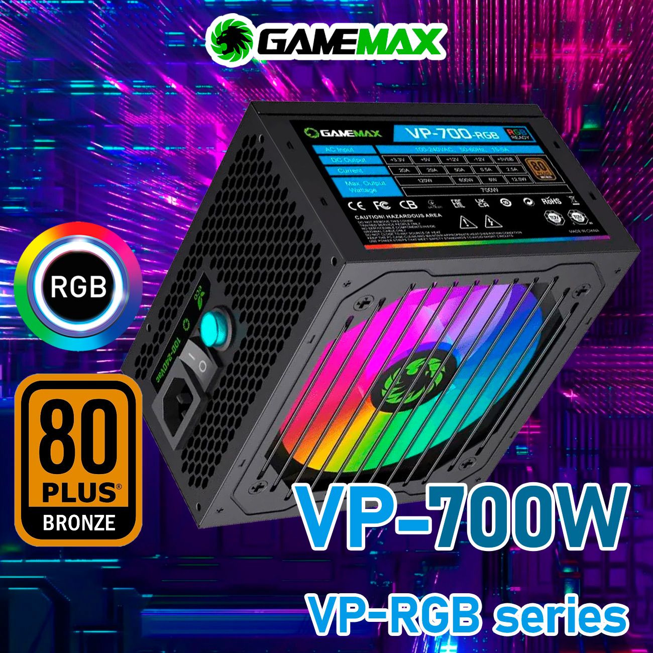 БлокпитаниядляПК700W80+BronzeGameMaxVP-700-RGBЧерный120мм20+4pin4+4pin(CPU)2*6+2pin(PCI-E)5*SATA3*MOLEX