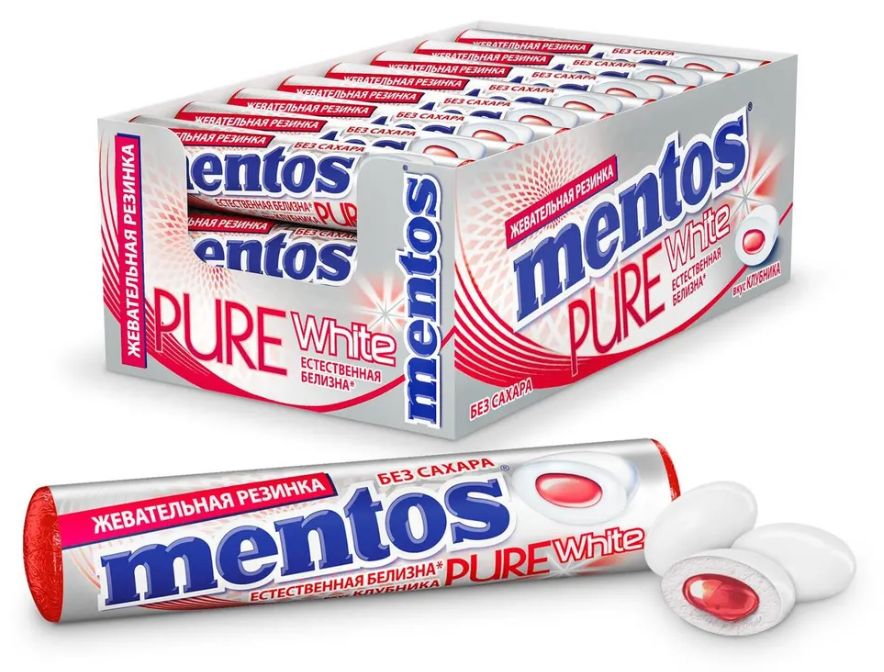 Жевательная резинка Mentos Pure White вкус Клубника, 15,5 гр - 24 штуки