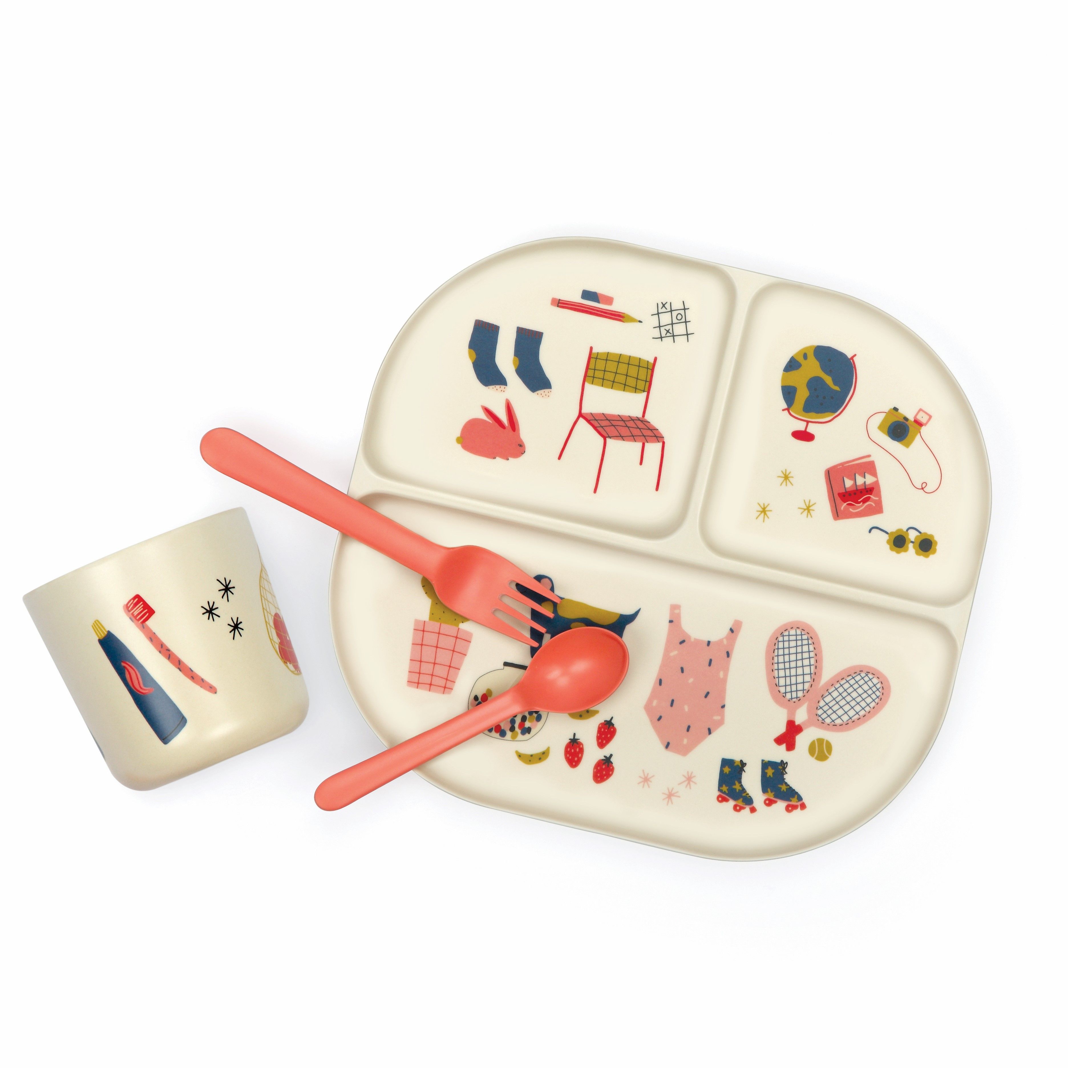 Детский набор посуды Ekobo Kid Dinner Set Coral/ Набор детской посуды из 4 предметов из бамбукового волокна