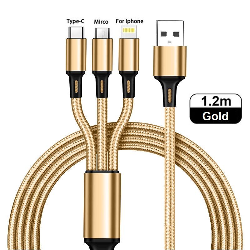 КабельUSB3в1длязарядкителефона/универсальныйпроводдлясмартфоновIphoneиAndroidсразъемамиLightningMicroUSBTypeC/Быстраязарядка2,4A/1,2м,золотой