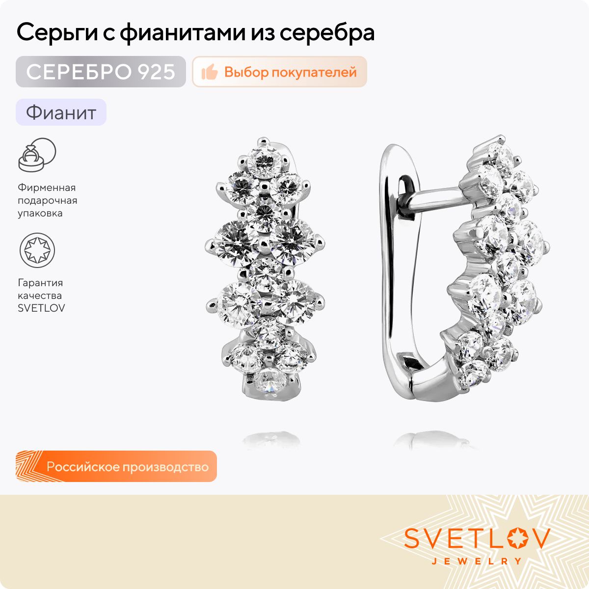 Ювелирные серьги из серебра 925 пробы с фианитами