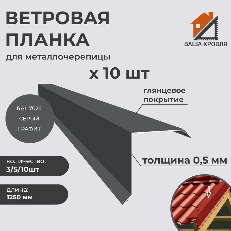 Ветровая планка (торцевая планка) полиэстер глянцевый Norman, 125х90мм, Длина 1250мм, Комплект 10шт, 0,5 сталь, RAL7024 серый графит