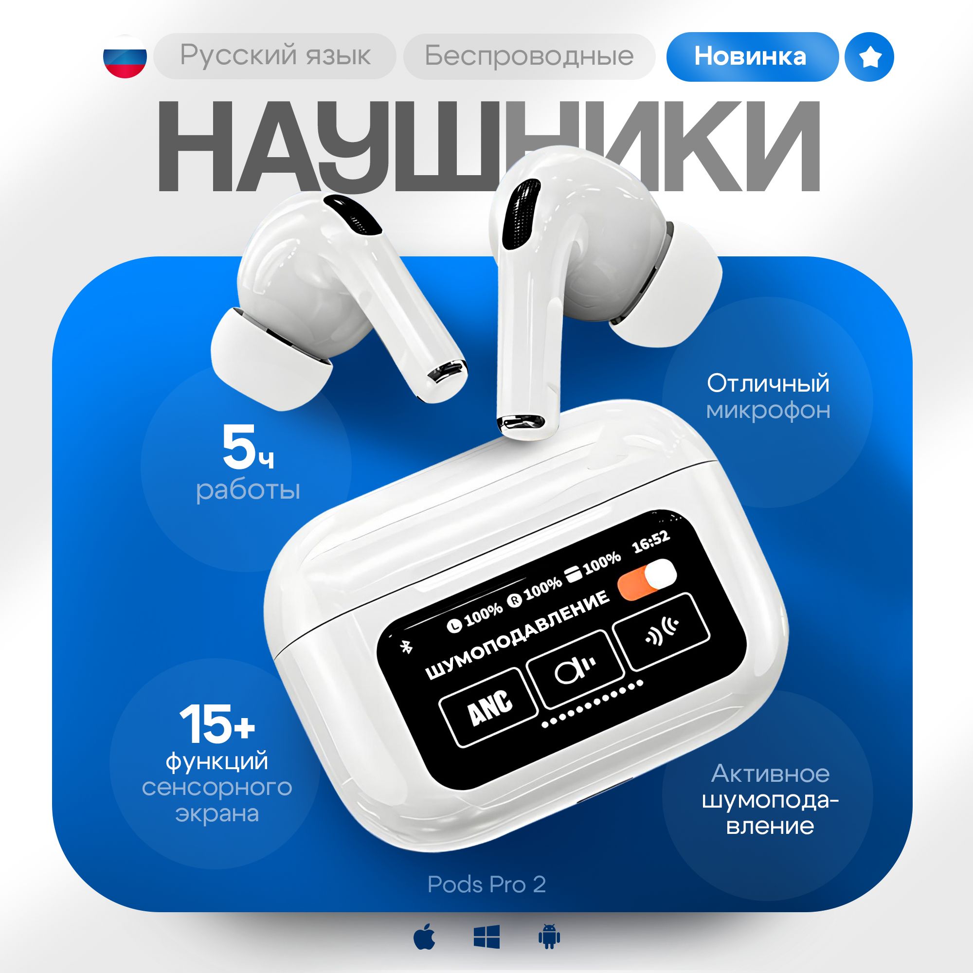 Наушники беспроводные Pods PRO 2 с экраном, шумоподавлением, микрофоном для iOS / Android