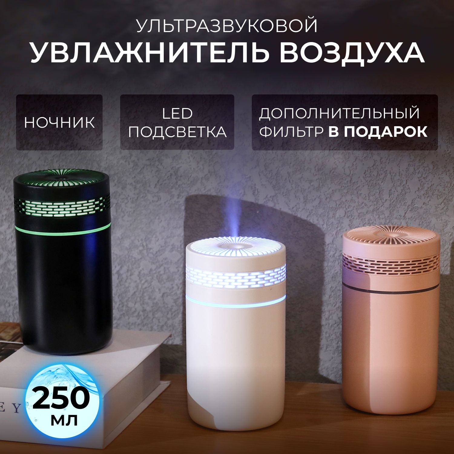 Увлажнитель воздуха - аромадиффузор с LED подсветкой, 250 мл, Белый