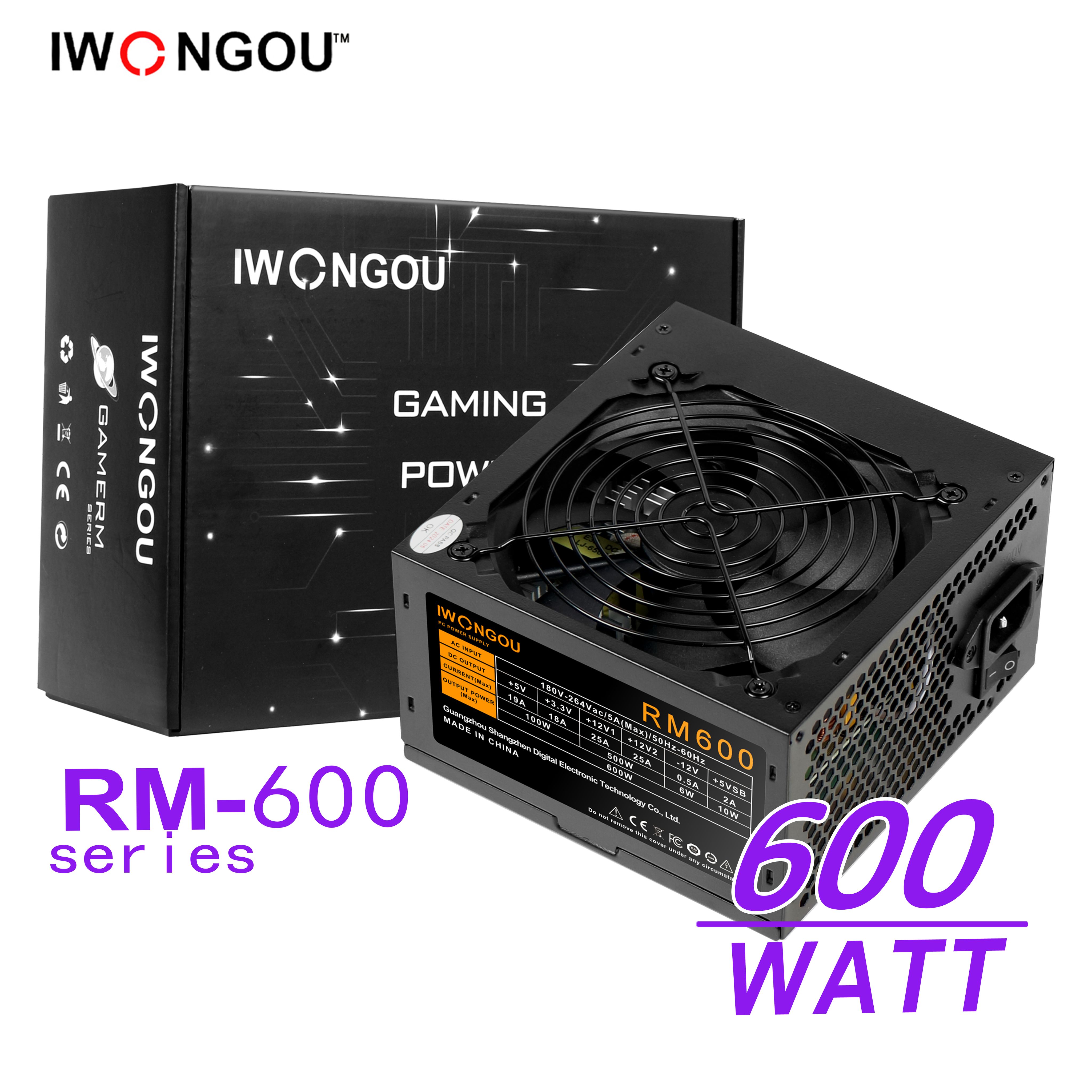 IWONGOU Блок питания для ПК 600W (RM600) ATX,12CM,20+4p,2*CPU(4+4),2*PCI-E(6+2),4*SATA,3*IDE