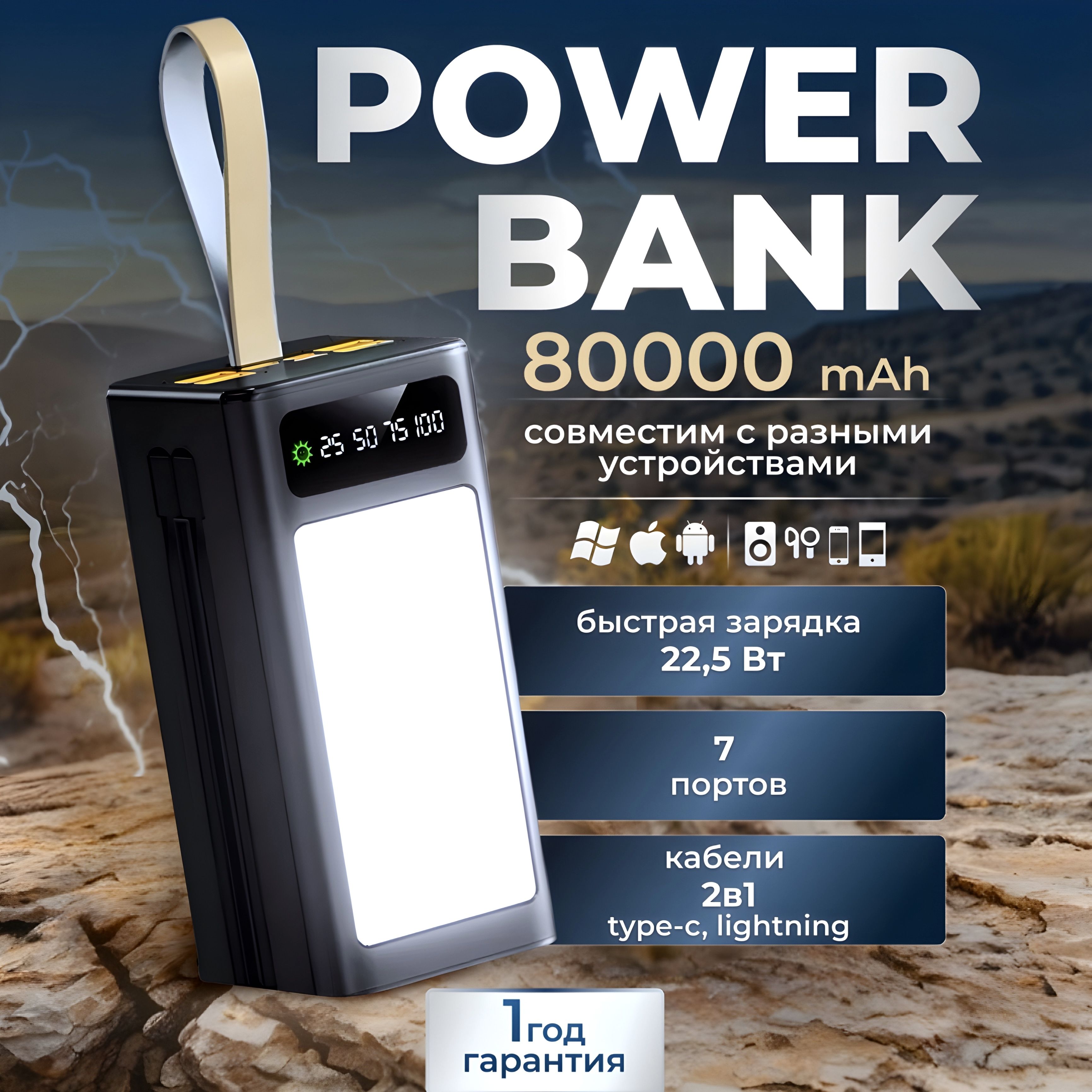 Повербанк80000mAh,внешнийаккумулятор,сбыстройзарядкой,фонариком