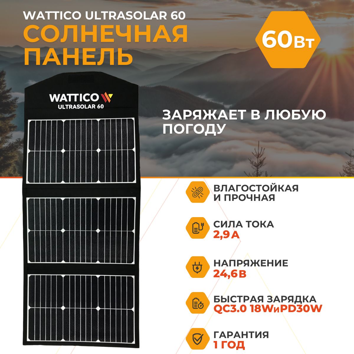 Портативная солнечная батарея панель Wattico Ultrasolar 60Вт