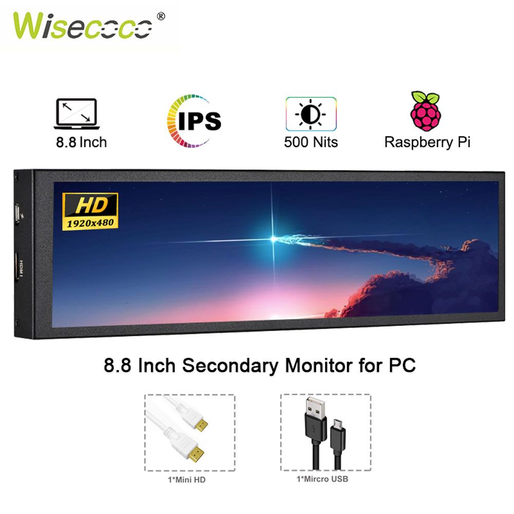 Wisecoco8.8"Монитор8.8дюймов1920x480длиннаяполосапортативныймониторIPSвторичныйэкранHDMIноутбукдисплейдляПКкомпьютермалинаpi543BAida64,разноцветный