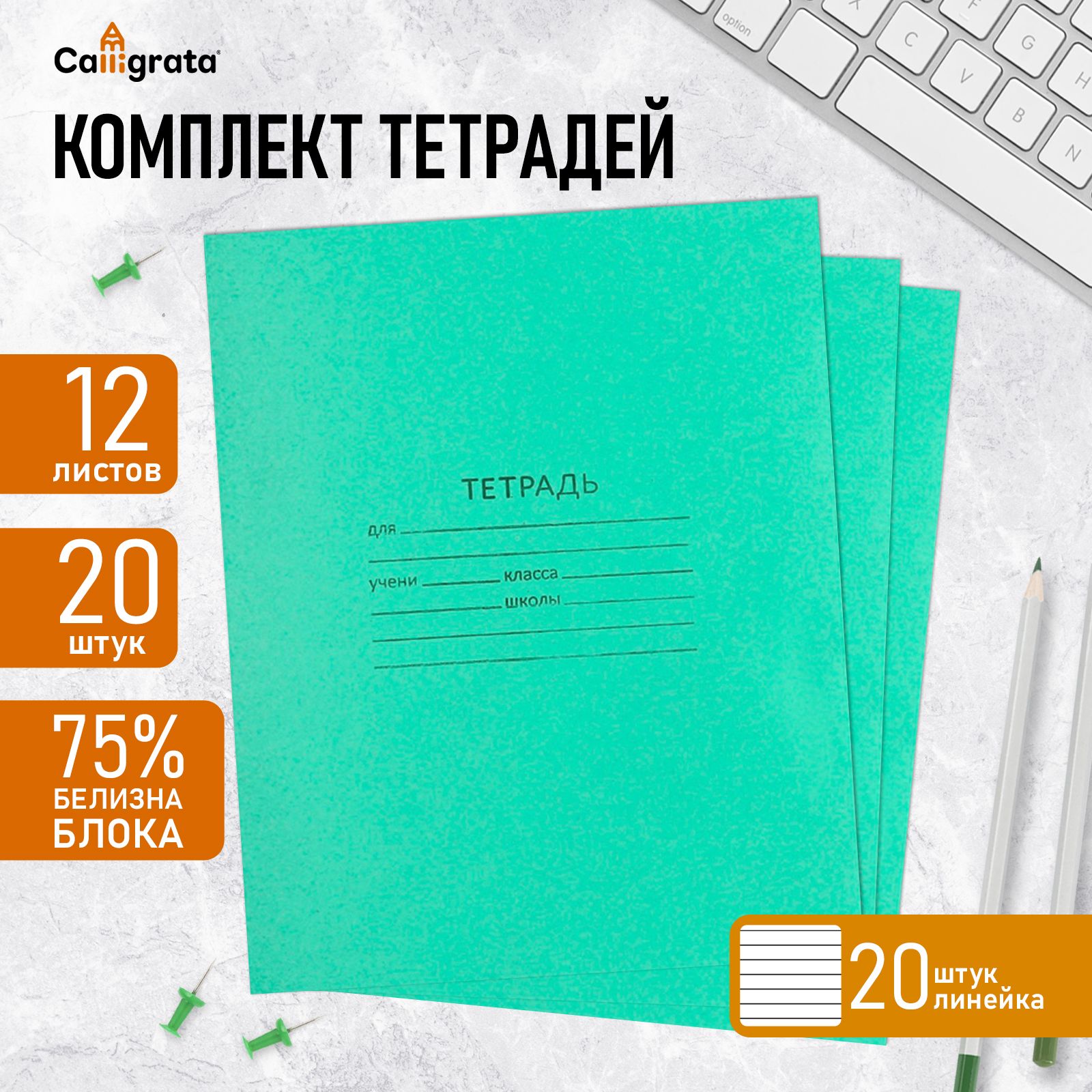 Комплект тетрадей из 20 штук, 12 листов в линию КПК "Зелёная обложка", блок №2, белизна 75% (серые листы)