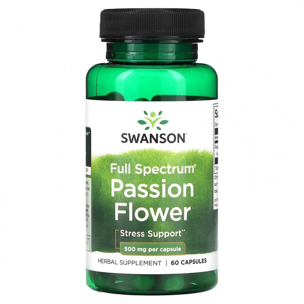 Swanson Full Spectrum Passion Flower, Пассифлора, 500 мг 60 капсул, Релаксант для нервной системы и борьбы со стрессом, для естественного отдыха и расслабления