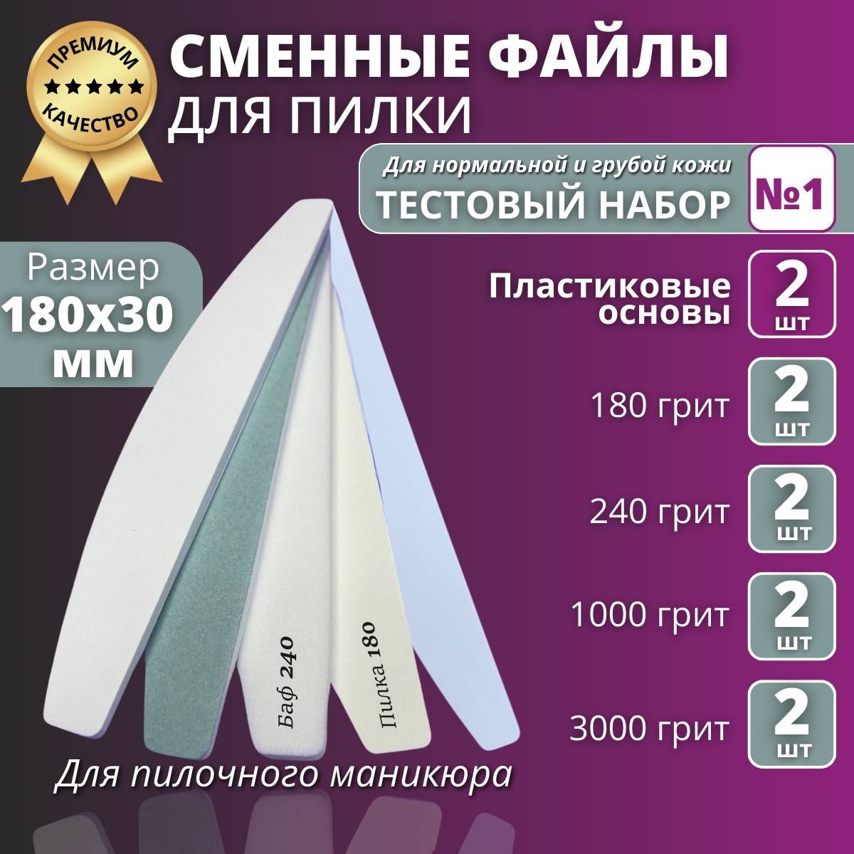 ТестовыйнаборN1,Премиум-сменныефайлыдляпилочногоманикюра,8шт180/240/1000/3000гритс2пластиковымиосновами