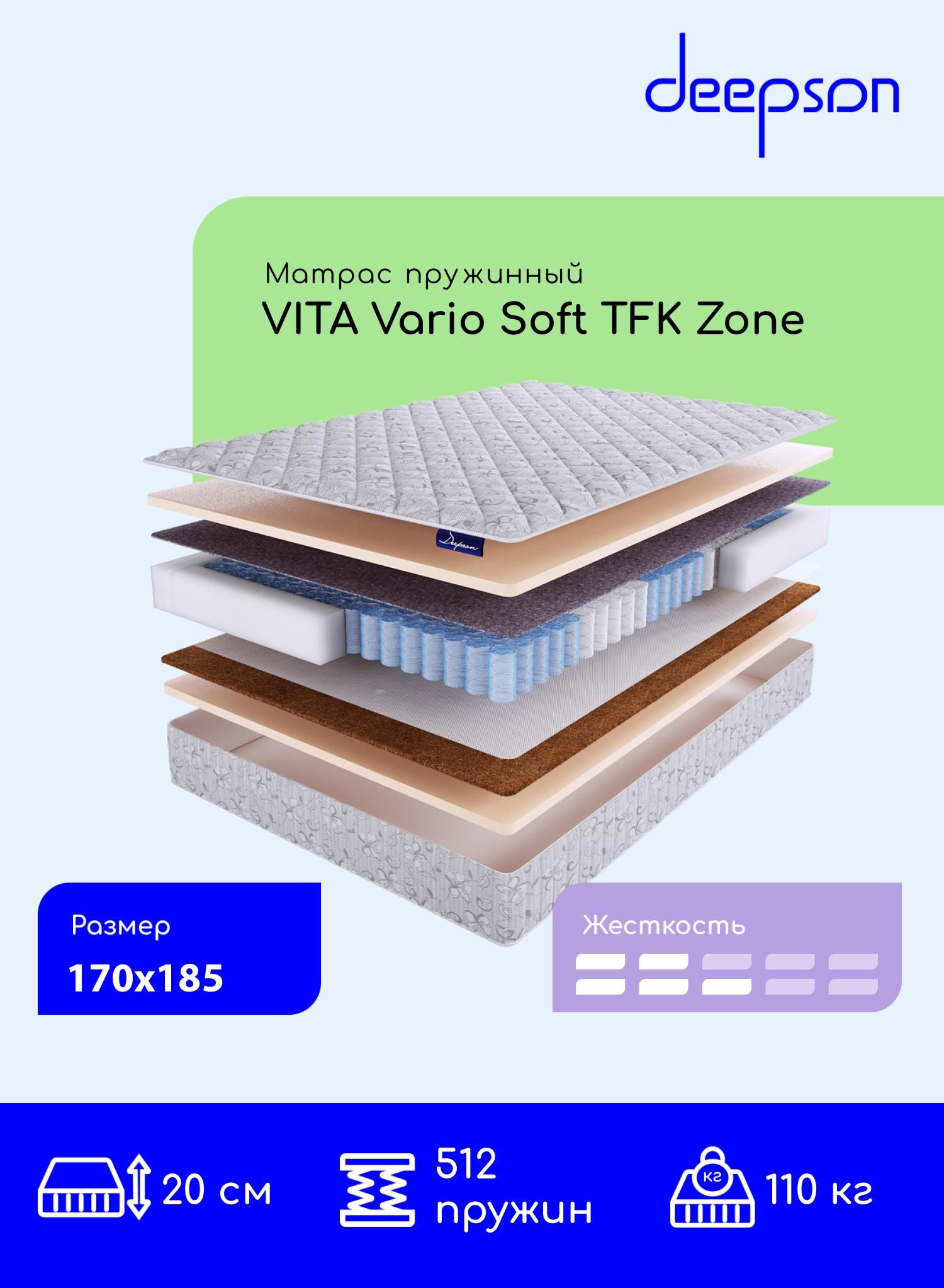Deepson Матрас Матрас, ортопедический матрас, Deepson VITA Vario Soft с зональным блоком TFK zone ниже средней и средней жесткости , двуспальный, беспружинный, на кровать 170x185, С зональным пружинным блоком, 170х185 см