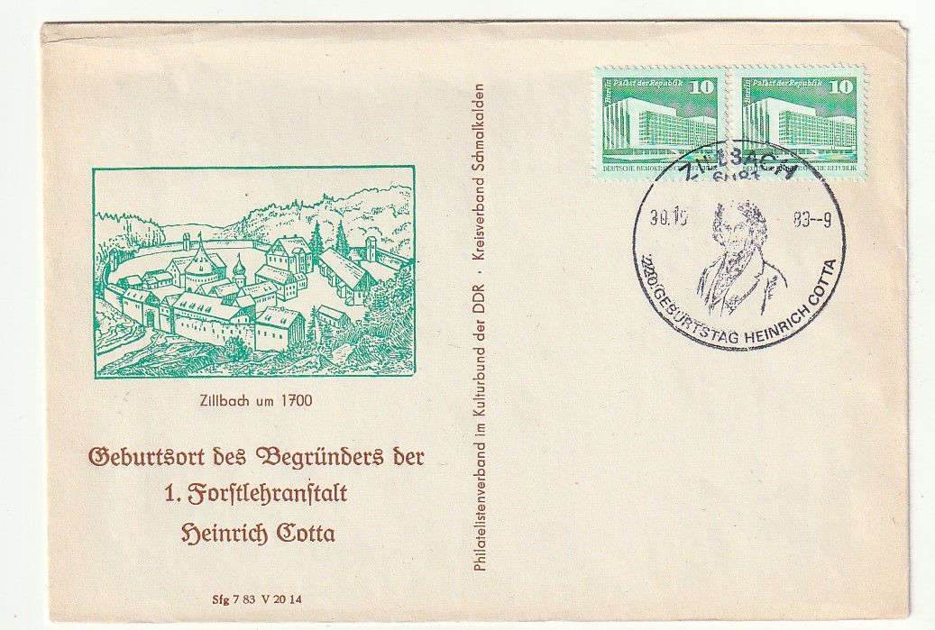 Коллекционный почтовый конверт. ГДР 1983 Генрих Котта из Цилльбаха - ученый лесовод. Спецгашение